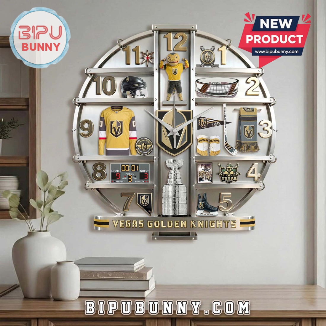 Vegas Golden Knights 3D Visual Effect Wall Decor Clock Vegas Golden Knights 3D Visual Effect Wall Decor Clock