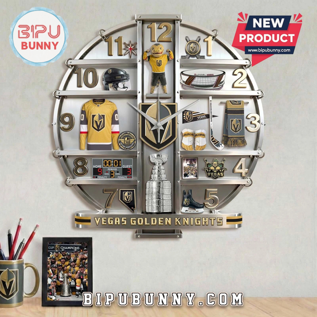 Vegas Golden Knights 3D Visual Effect Wall Decor Clock Vegas Golden Knights 3D Visual Effect Wall Decor Clock
