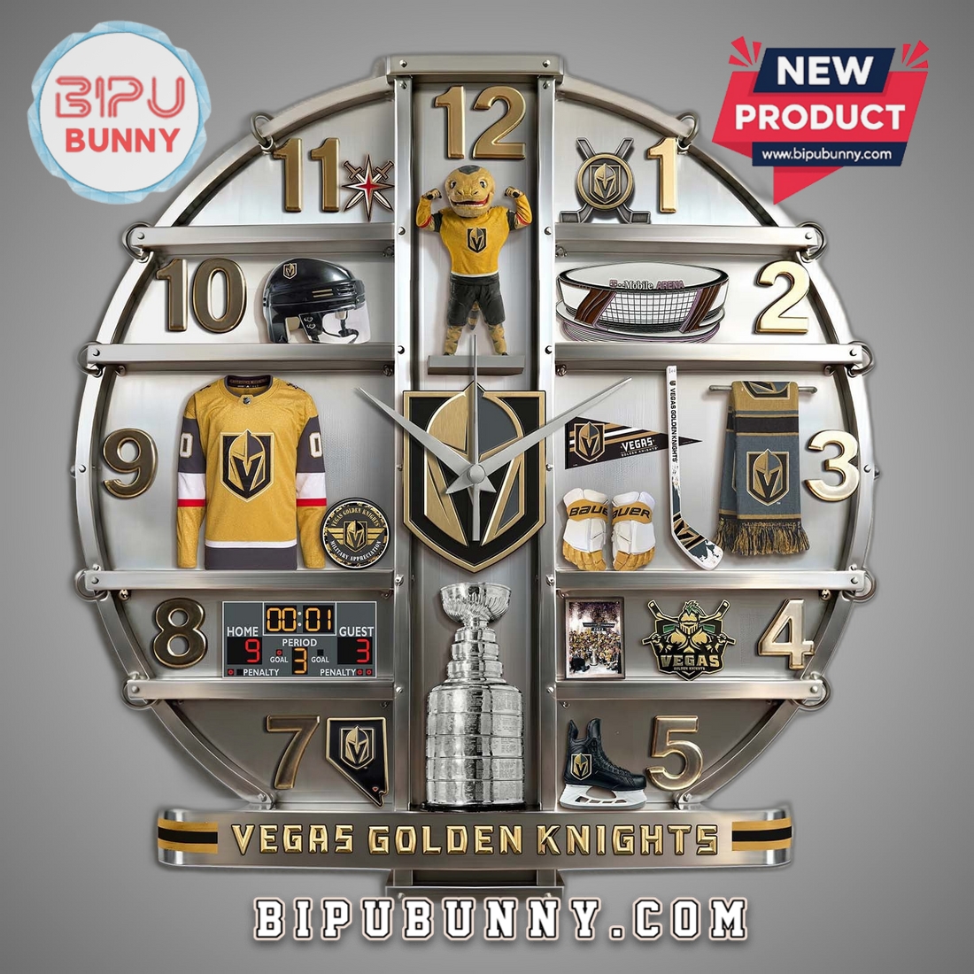 Vegas Golden Knights 3D Visual Effect Wall Decor Clock Vegas Golden Knights 3D Visual Effect Wall Decor Clock