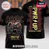 Black AC/DC PWR UP Tour tee. Cannon graphic. Cities listed. Yellow, red, white text design. Rock vibe!