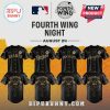 Fourth Wing Night baseball jersey, black and gold, features Giants, Dodgers, Rockies, and Rangers team designs with Sorrengail on the back!