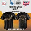 Black Dodgers baseball jersey with gold accents featuring 'Fourth Wing Night August 24' text and dragon art!