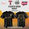 Black baseball jersey with gold accents! Features 'Rangers' and 'Sorrengail' text, plus a dragon design! Fourth Wing Night, August 24!