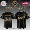 Black Dodgers jersey with gold 'Dodgers' script, 'Iron Flame' back design, and 'Sorrengail' name. Custom baseball fan gear!