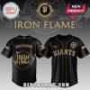 Black baseball jersey with gold accents featuring 'Giants', 'Sorrengail', and 'Iron Flame' texts in a vintage style!