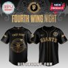 Black baseball jersey with gold 'Giants' logo, 'Fourth Wing Night' text. Dragon & SF emblem art!