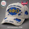 Distressed baseball cap with Alpha Phi Omega letters, the Greek symbols, and the dates 1925-2026.!