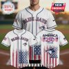 Blue Jays baseball jersey with American flag design and 'America 250' text on the back.!