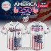America 250 Nationals Baseball Jersey: Flag-themed design with 'Nationals' script and 'W' logo, celebrating America's 250th anniversary.!