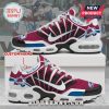 Avalanche custom sneakers! Burgundy, white, blue shoes with a white Nike swoosh and 'Your Name' text!
