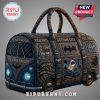 Black duffel bag with Batman-themed illustrations like the Bat-Signal, Batmobile, and the phrase 