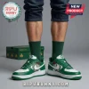 Green and white custom sneakers featuring Boston Celtics leprechaun logo and text BOSTON CELTICS with matching socks and box!