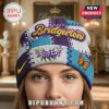 Bridgerton beanie! Features a patchwork, flowers, and butterfly. Purple, white, and blue color scheme.!