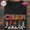 Black tee with 'CHICAGO' text. Sports mascots include Bulls, Blackhawks, Bears, White Sox. Funny cartoon character art!
