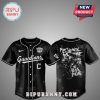 Black baseball jersey featuring 'Guardians' and My Chemical Romance themes, with a skeleton graphic on the back.!