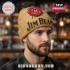Tan beanie shows Jim Beam logo. Red seal, brand name in bold. Cool, vintage vibe!