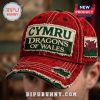 Red Cymru hat with Dragons of Wales text and Wales flag, vintage style!