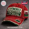 Red vintage hat: CYMRU Dragons of Wales text, Welsh flag patch, green trim! Show your pride!