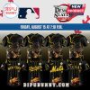 Black baseball jerseys: Demon Slayer x MLB collab! Features Mets, Dodgers, Yankees, & Texas designs. Text: Friday, August 15 at 7:10 P.M.!
