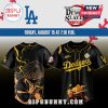 Black Dodgers jersey featuring Demon Slayer: Kimetsu no Yaiba! Design shows Zenitsu! Text: Dodgers, LA, Demon Slayer, Friday, August 15!