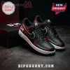 Black Nike Air Force 1 sneakers with 'Depeche Mode' text & red rose art! Retro shoe design!