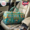 Quilted duffel bag with a van design featuring 'Dirty Heads', surfboards, palm trees, and beach themes!