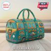 Teal duffel bag with embroidered VW bus design featuring beachy elements and text like 'Dirty Heads' and 'Swim Team'.!