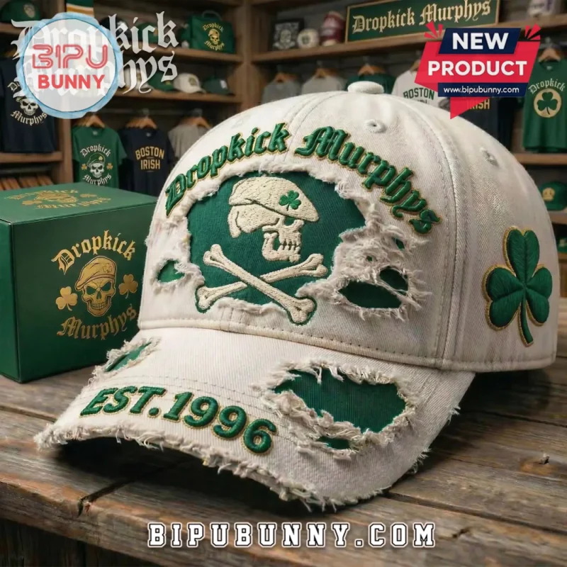 Dropkick Murphys Distressed Shamrock Skull Embroidered Baseball Cap Dropkick Murphys Distressed Shamrock Skull Embroidered Baseball Cap
