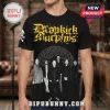 Black Dropkick Murphys band tee with distressed yellow gothic text, gray Celtic knot graphic, grayscale band photo, and skull sleeve!