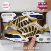 Custom sneakers feature yellow, white, blue, and black design with a bird graphic and 'Your Name' text.!