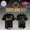 Black baseball jersey w/gold trim. Text: FOURTH WING NIGHT, Rangers, RIORSON. Fantasy book merch!