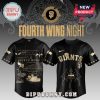Black & gold baseball jersey, Fourth Wing Night design! Features Giants logo, dragon art, text quotes. Bipubunny merch!