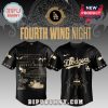 Fourth Wing Night Dodgers baseball jersey! Black, gold text/dragon art. Text: Fourth Wing, Dodgers, Basgiath, Dragon Rider.!