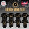 Black baseball jersey: Rockies, Rangers, Giants, Dodgers. 'Fourth Wing Night', 'Sorrengail' text. Gold graphics!