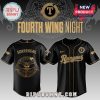 Black baseball jersey with gold 'Fourth Wing Night' text, 'Rangers' logo, and dragon design. Cool bookish fan apparel!