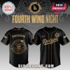 Black Fourth Wing Night baseball jersey featuring gold 'Dodgers' and dragon art!