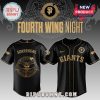 Fourth Wing Night baseball jersey, black and gold. Text: Sorrengail, Giants.!