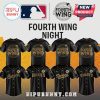 Black baseball jerseys w/ team logos Rangers, Rockies, Dodgers, Giants. 'Fourth Wing Night' gold text. Shop bipubunny!