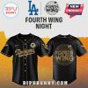 Black Fourth Wing Night baseball jersey. Dodgers text. Fourth Wing logo. Fantasy romance book merch!