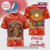 Red Grateful Dead tee with a skeleton, Coca-Cola bottle, & dancing bears! Text: Grateful Cola, Keep on Truckin', Since 1886!