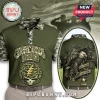 Olive green Grateful Dead polo, digital camo sleeves. Front has 