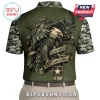 Men's olive green digital camo polo shirt with detailed bald eagle graphic, 'TRUCKIN' THROUGH THE DUST, ARMY STRONG' text, and U.S. ARMY logo!