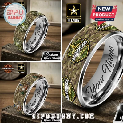 Harley-Davidson US Army Camo Personalized Name Biker Band Ring
