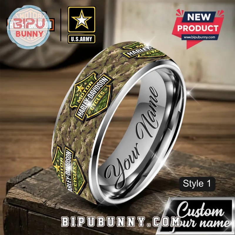 Harley-Davidson US Army Camo Personalized Name Biker Band Ring