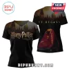 Black Harry Potter t-shirt set! Front: 'Harry Potter AND THE PHILOSOPHER'S STONE' gold text, castle skyline. Back: 'IT BEGINS', wizard in red robe, 'POTTER 7' text, castle background!