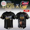 Black Orioles baseball jersey with 'Harry Styles Together' text. Design shows Harry's face, signature, custom name option, tour date, MLB logo!