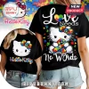 Black tee with Hello Kitty autism awareness design! Text: Love Needs No Words, Hello Kitty.!