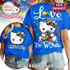 Blue tee with Hello Kitty holding a puzzle ribbon, text: Love Needs No Words. Colorful autism awareness design!
