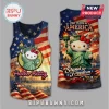 Red, white, blue tank top with Hello Kitty Statue of Liberty, text: Hello Kitty, Stand for Freedom, 250 Years of America!