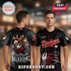 Black baseball jersey with Hollow Knight Silksong art! Dodgers text, red accents.!
